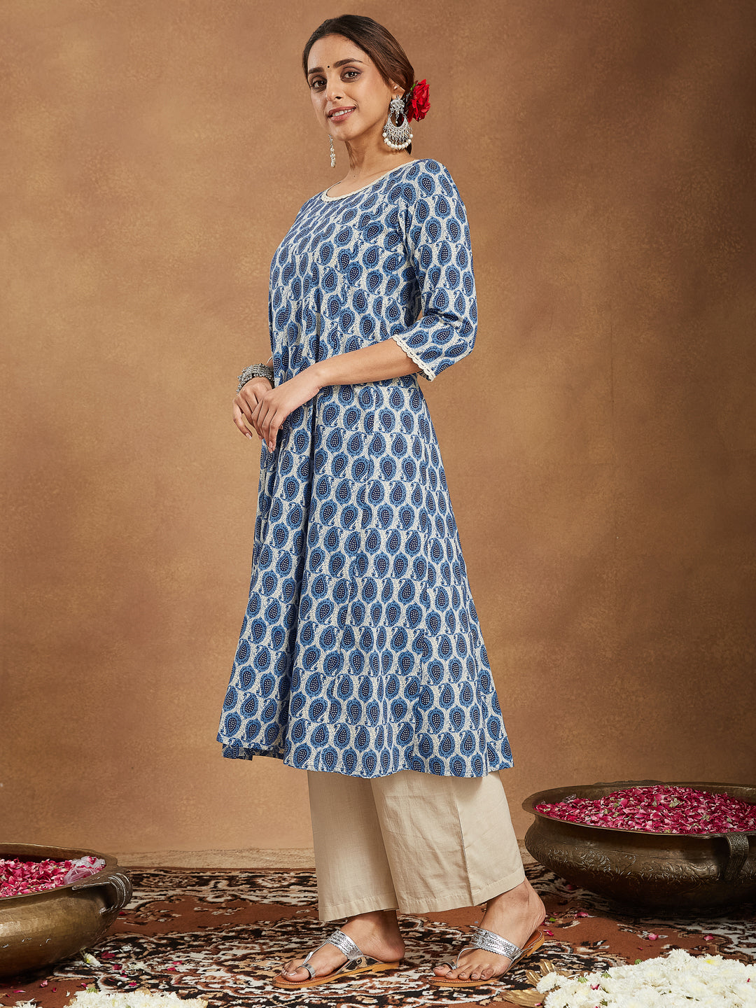 Women's Indigo Blue & Beige Pure Cotton Paisley Printed Anarkali Kurta Palazzo Set