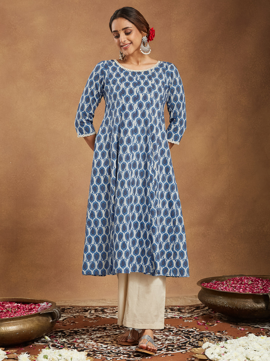 Women's Indigo Blue & Beige Pure Cotton Paisley Printed Anarkali Kurta Palazzo Set