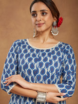 Women's Indigo Blue & Beige Pure Cotton Paisley Printed Anarkali Kurta Palazzo Set