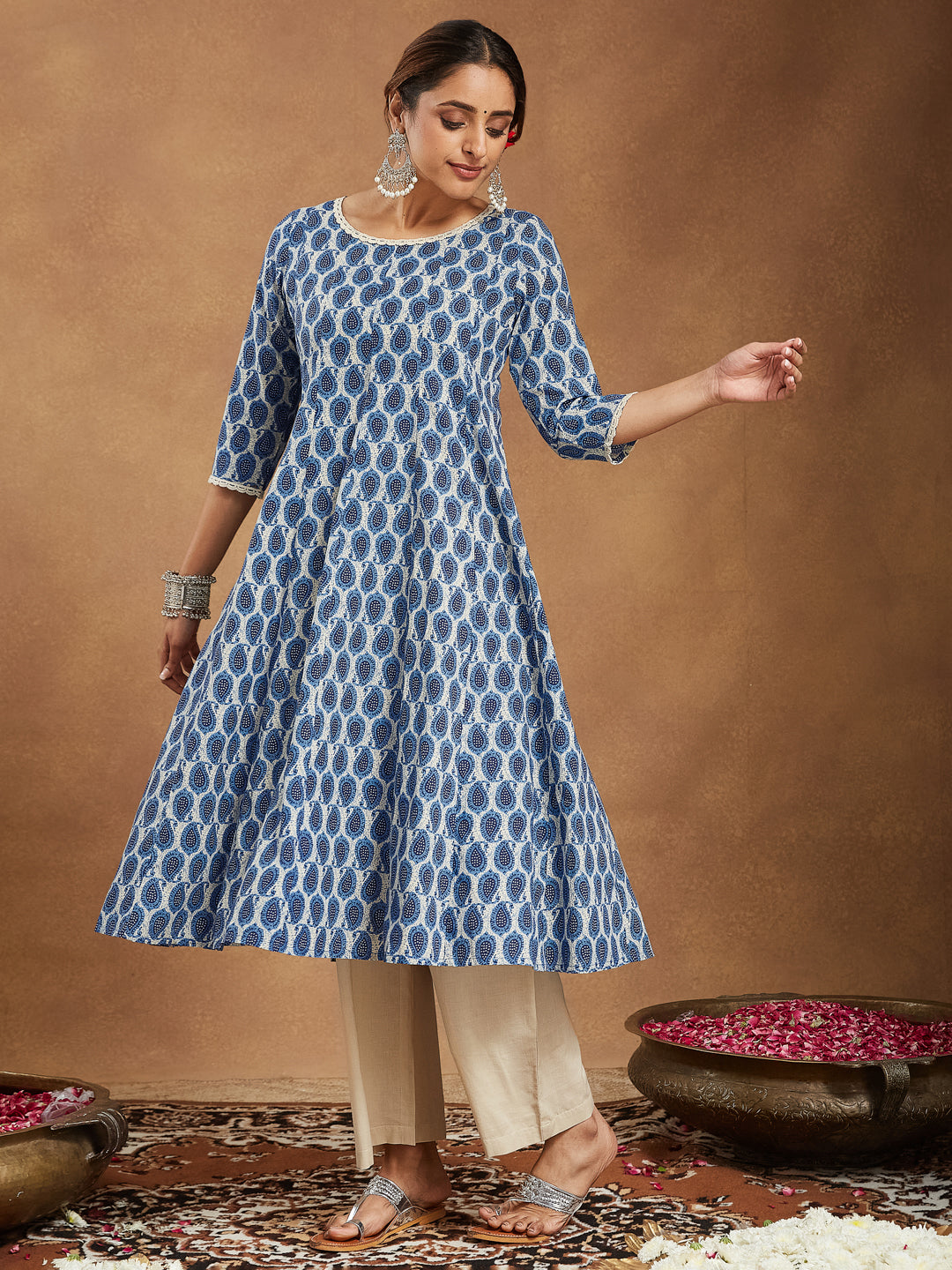 Women's Indigo Blue & Beige Pure Cotton Paisley Printed Anarkali Kurta Palazzo Set