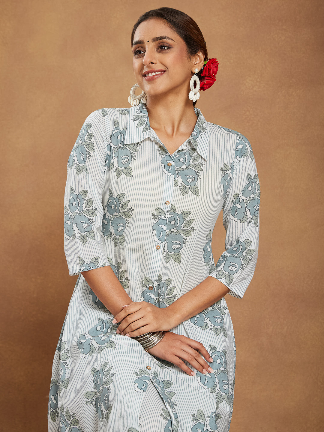 Women's White Pure Cotton Floral Printed A-line Shirt Style Kurta With Pant Set