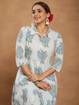 Women's White Pure Cotton Floral Printed A-line Shirt Style Kurta With Pant Set