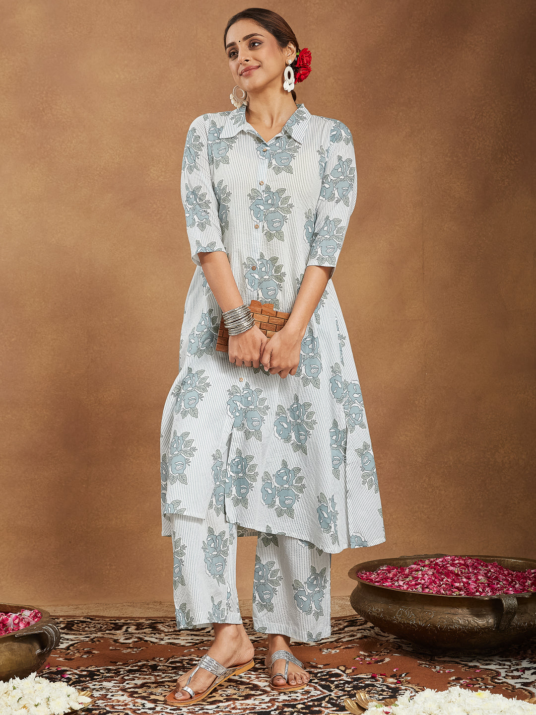 Women's White Pure Cotton Floral Printed A-line Shirt Style Kurta With Pant Set