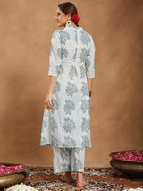 Women's White Pure Cotton Floral Printed A-line Shirt Style Kurta With Pant Set
