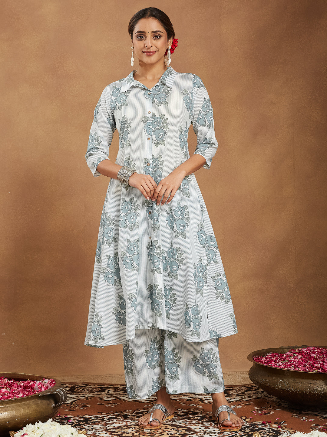 Women's White Pure Cotton Floral Printed A-line Shirt Style Kurta With Pant Set
