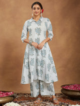 Women's White Pure Cotton Floral Printed A-line Shirt Style Kurta With Pant Set