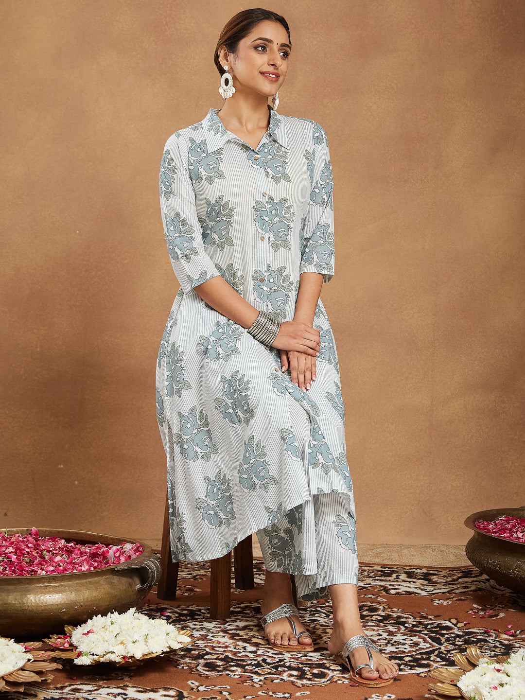 Women's White Pure Cotton Floral Printed A-line Shirt Style Kurta With Pant Set