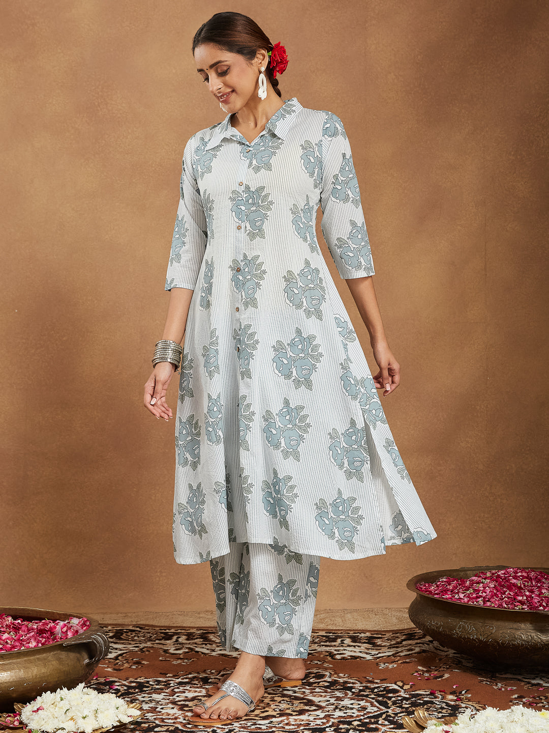 Women's White Pure Cotton Floral Printed A-line Shirt Style Kurta With Pant Set