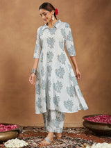 Women's White Pure Cotton Floral Printed A-line Shirt Style Kurta With Pant Set