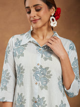Women's White Pure Cotton Floral Printed A-line Shirt Style Kurta With Pant Set