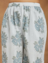 Women's White Pure Cotton Floral Printed A-line Shirt Style Kurta With Pant Set