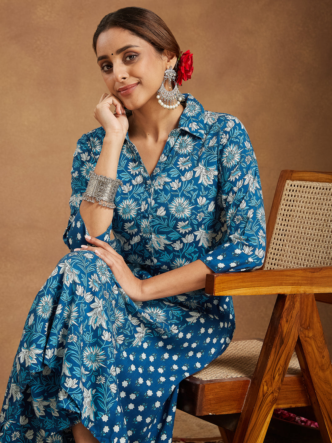 Women's Blue Pure Cotton Floral Printed A-line Kurta Set