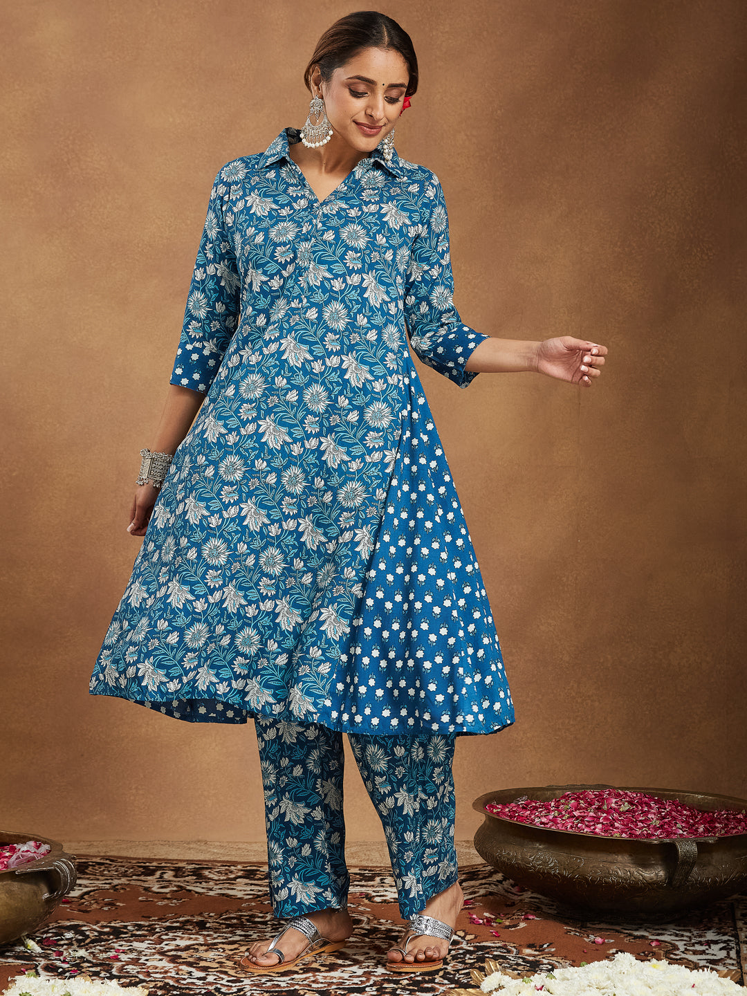 Women's Blue Pure Cotton Floral Printed A-line Kurta Set