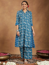 Women's Blue Pure Cotton Floral Printed A-line Kurta Set