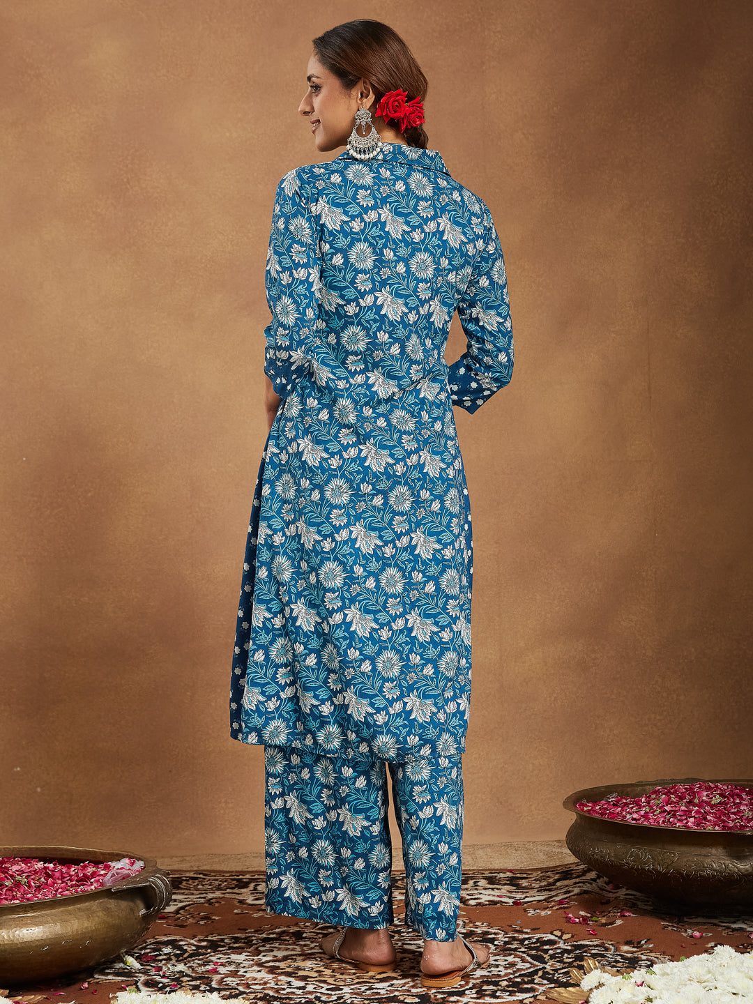 Women's Blue Pure Cotton Floral Printed A-line Kurta Set