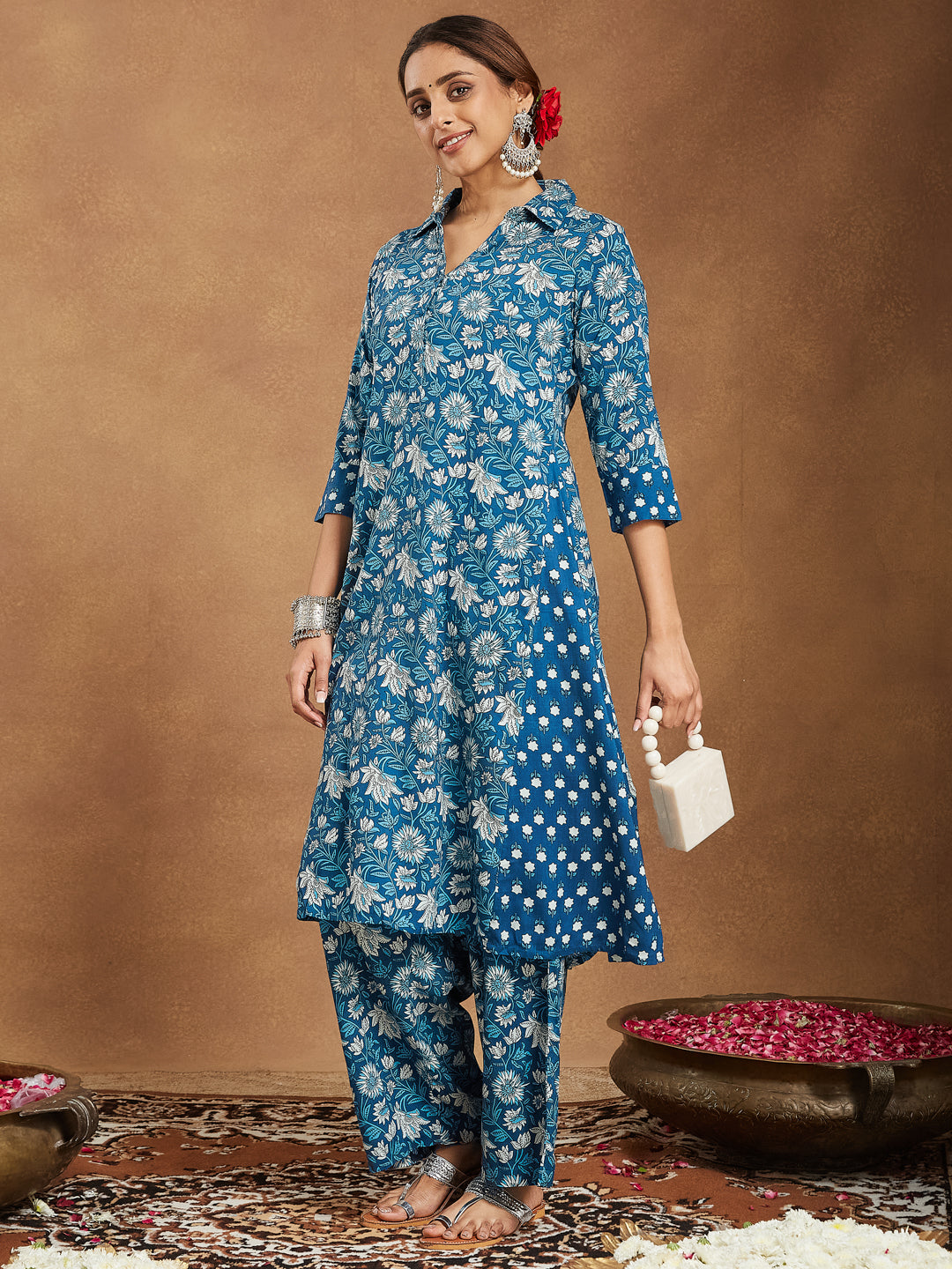Women's Blue Pure Cotton Floral Printed A-line Kurta Set