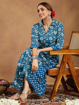 Women's Blue Pure Cotton Floral Printed A-line Kurta Set