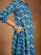 Women's Blue Pure Cotton Floral Printed A-line Kurta Set