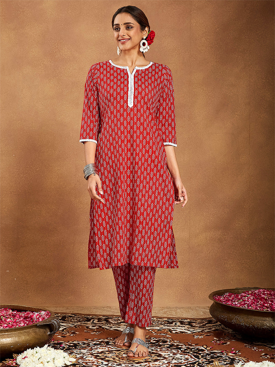 Women's Red Pure Cotton Ethnic Motifs Printed Straight Kurta Pant Set