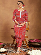 Women's Red Pure Cotton Ethnic Motifs Printed Straight Kurta Pant Set