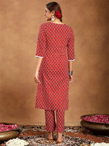 Women's Red Pure Cotton Ethnic Motifs Printed Straight Kurta Pant Set
