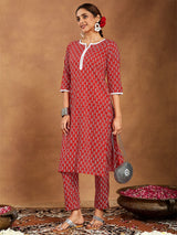Women's Red Pure Cotton Ethnic Motifs Printed Straight Kurta Pant Set