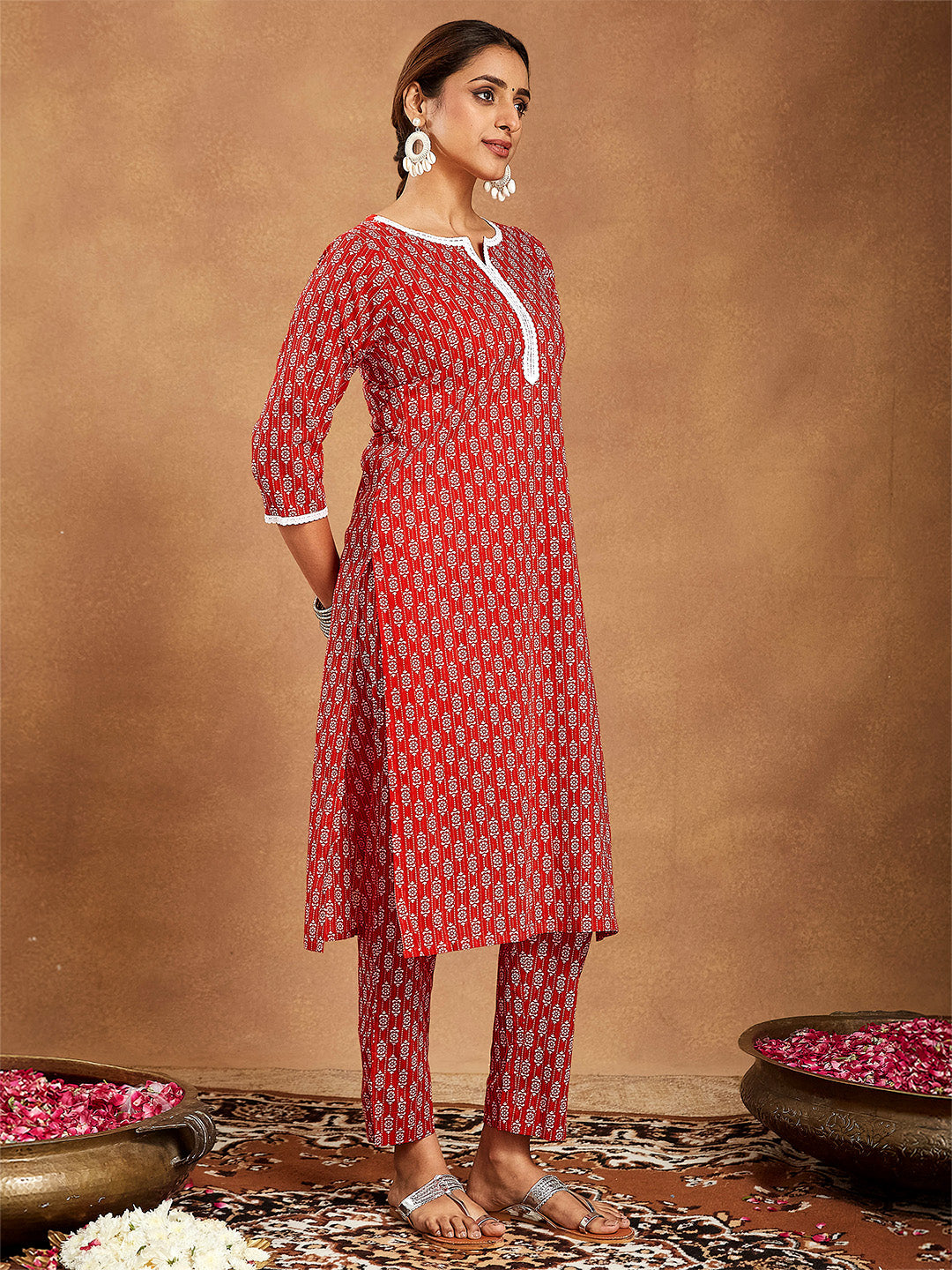 Women's Red Pure Cotton Ethnic Motifs Printed Straight Kurta Pant Set