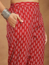 Women's Red Pure Cotton Ethnic Motifs Printed Straight Kurta Pant Set
