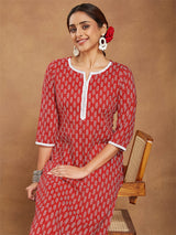 Women's Red Pure Cotton Ethnic Motifs Printed Straight Kurta Pant Set