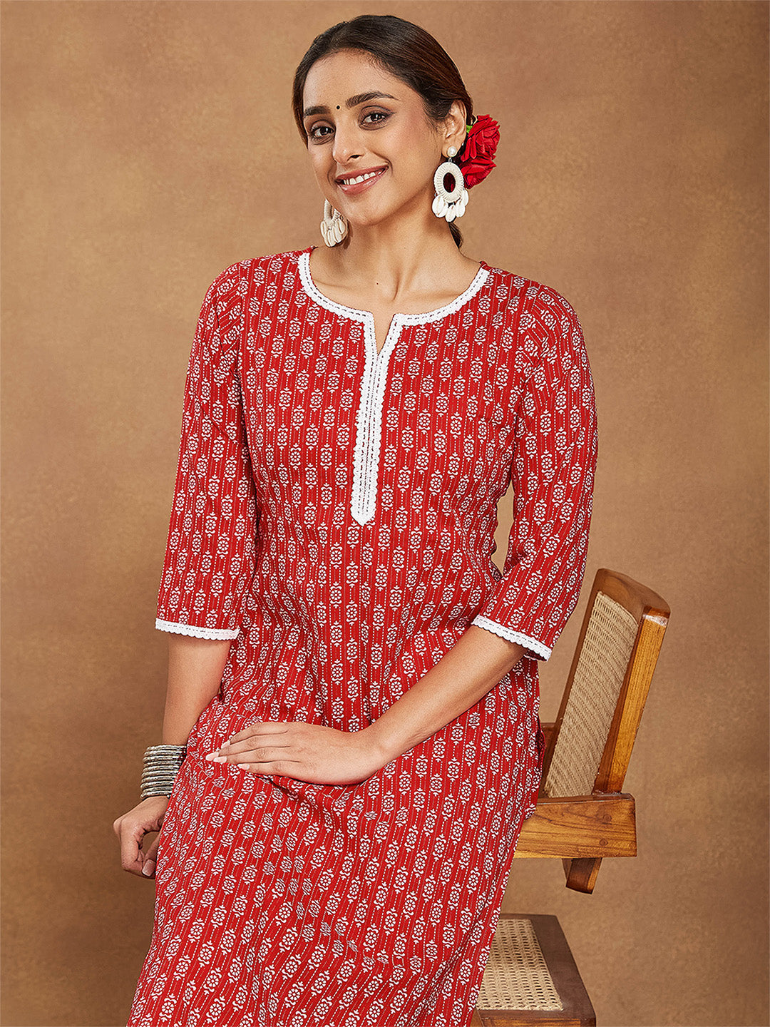 Women's Red Pure Cotton Ethnic Motifs Printed Straight Kurta Pant Set