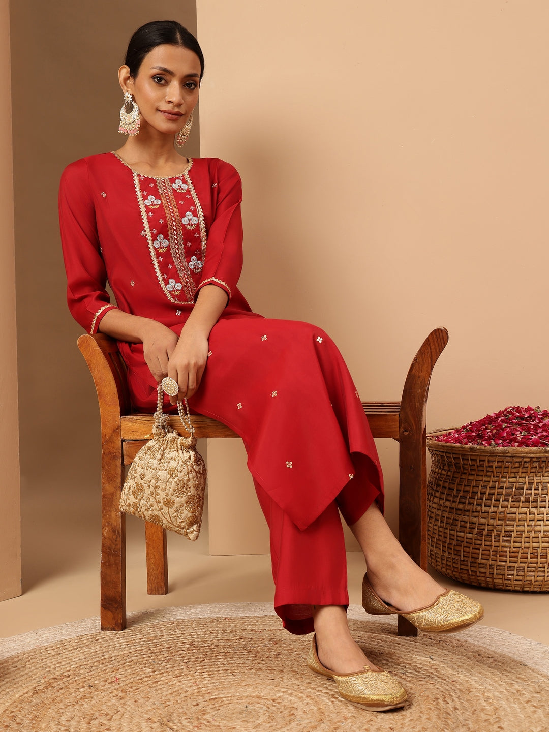 Women's Red Chanderi Silk Zari Embroidered Straight Kurta Pant Set