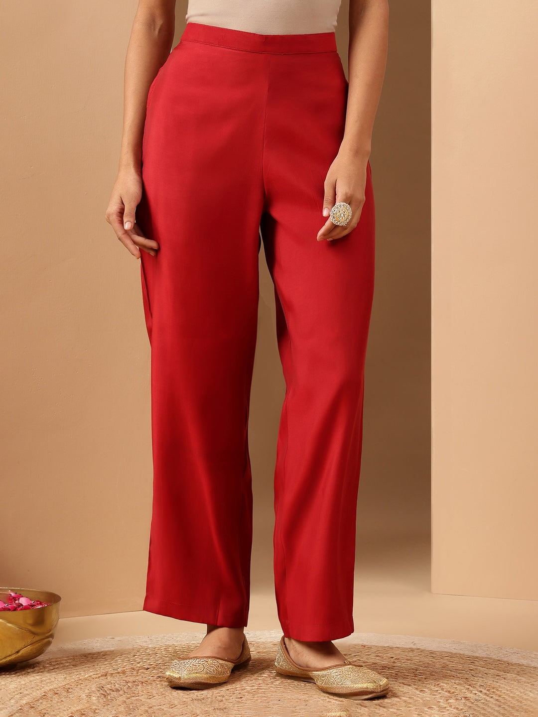 Women's Red Chanderi Silk Zari Embroidered Straight Kurta Pant Set