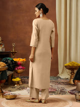 Women's Beige Chanderi Silk Zari Embroidered Straight Kurta Pant Set