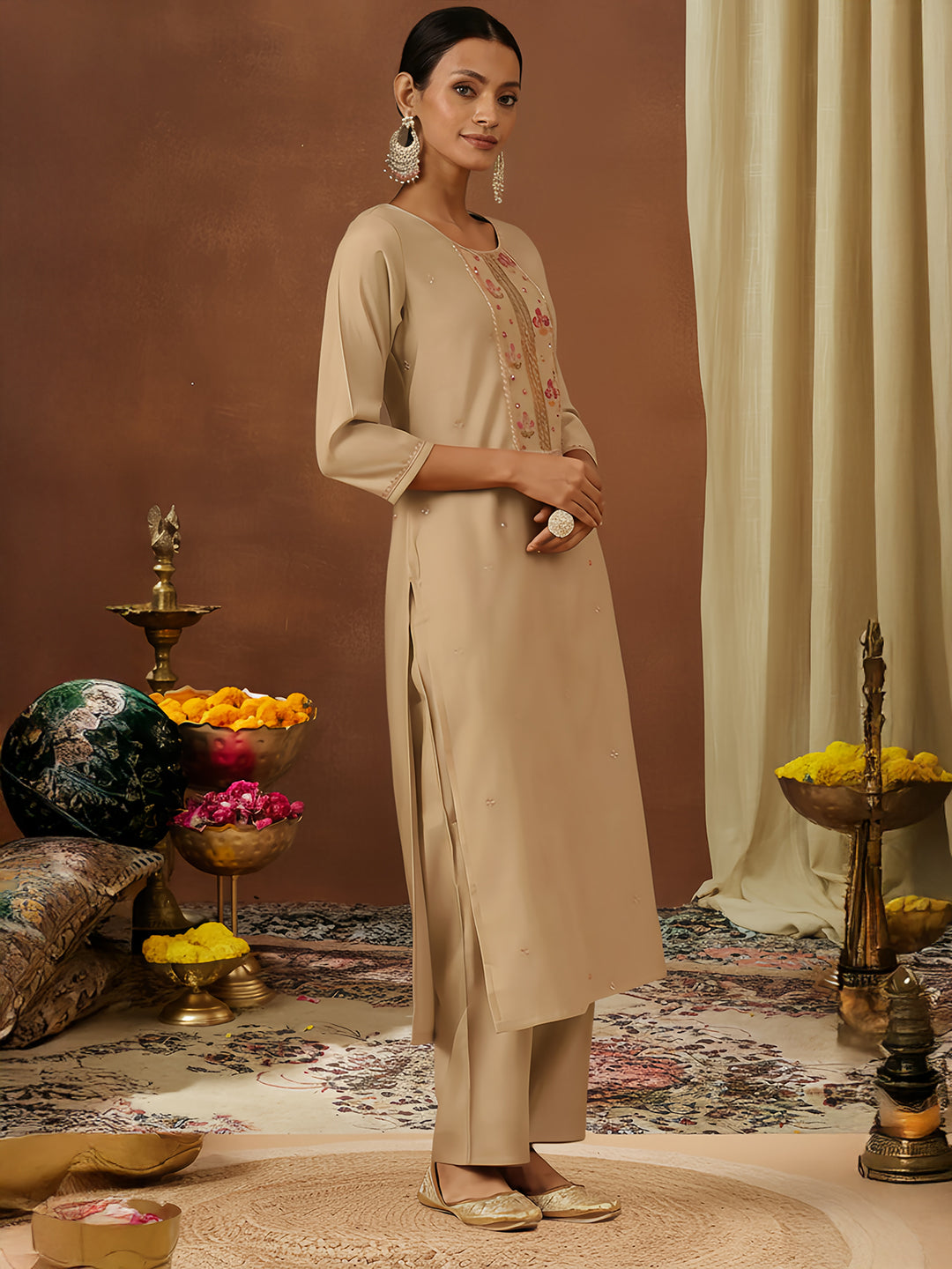 Women's Beige Chanderi Silk Zari Embroidered Straight Kurta Pant Set