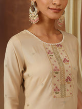 Women's Beige Chanderi Silk Zari Embroidered Straight Kurta Pant Set