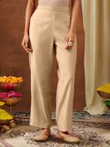 Women's Beige Chanderi Silk Zari Embroidered Straight Kurta Pant Set