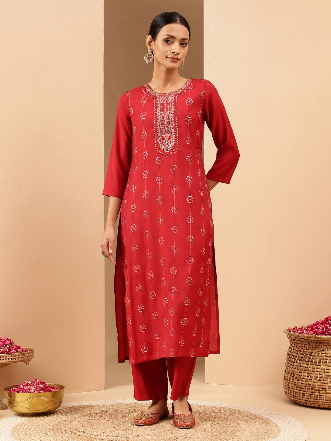 Women's Red Chanderi Silk Embellished Straight Kurta Pant Set