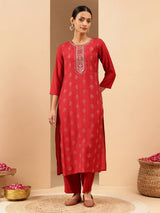 Women's Red Chanderi Silk Embellished Straight Kurta Pant Set