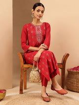 Women's Red Chanderi Silk Embellished Straight Kurta Pant Set