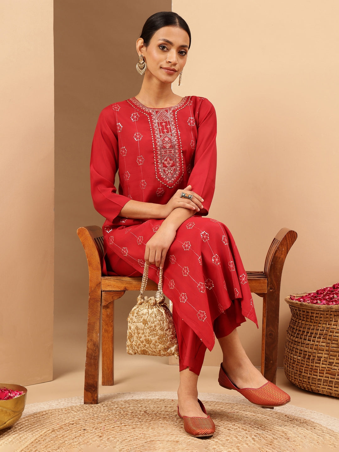 Women's Red Chanderi Silk Embellished Straight Kurta Pant Set