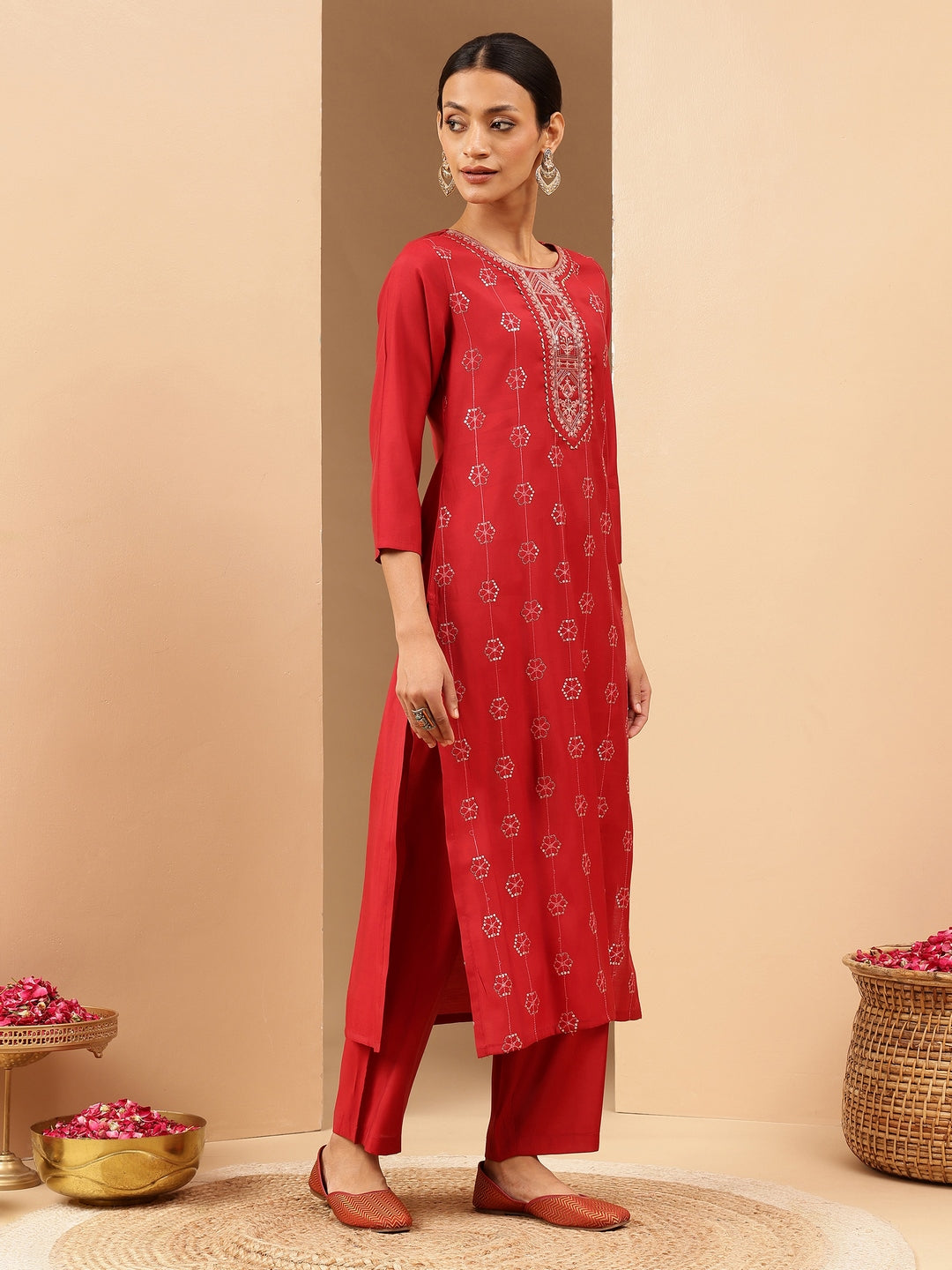 Women's Red Chanderi Silk Embellished Straight Kurta Pant Set