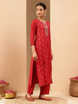 Women's Red Chanderi Silk Embellished Straight Kurta Pant Set