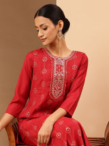 Women's Red Chanderi Silk Embellished Straight Kurta Pant Set
