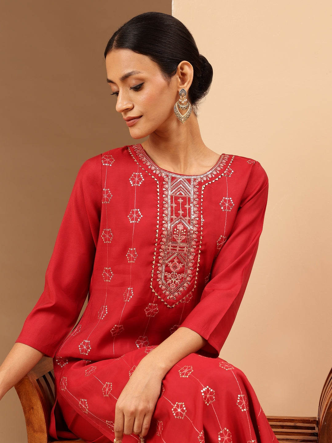 Women's Red Chanderi Silk Embellished Straight Kurta Pant Set