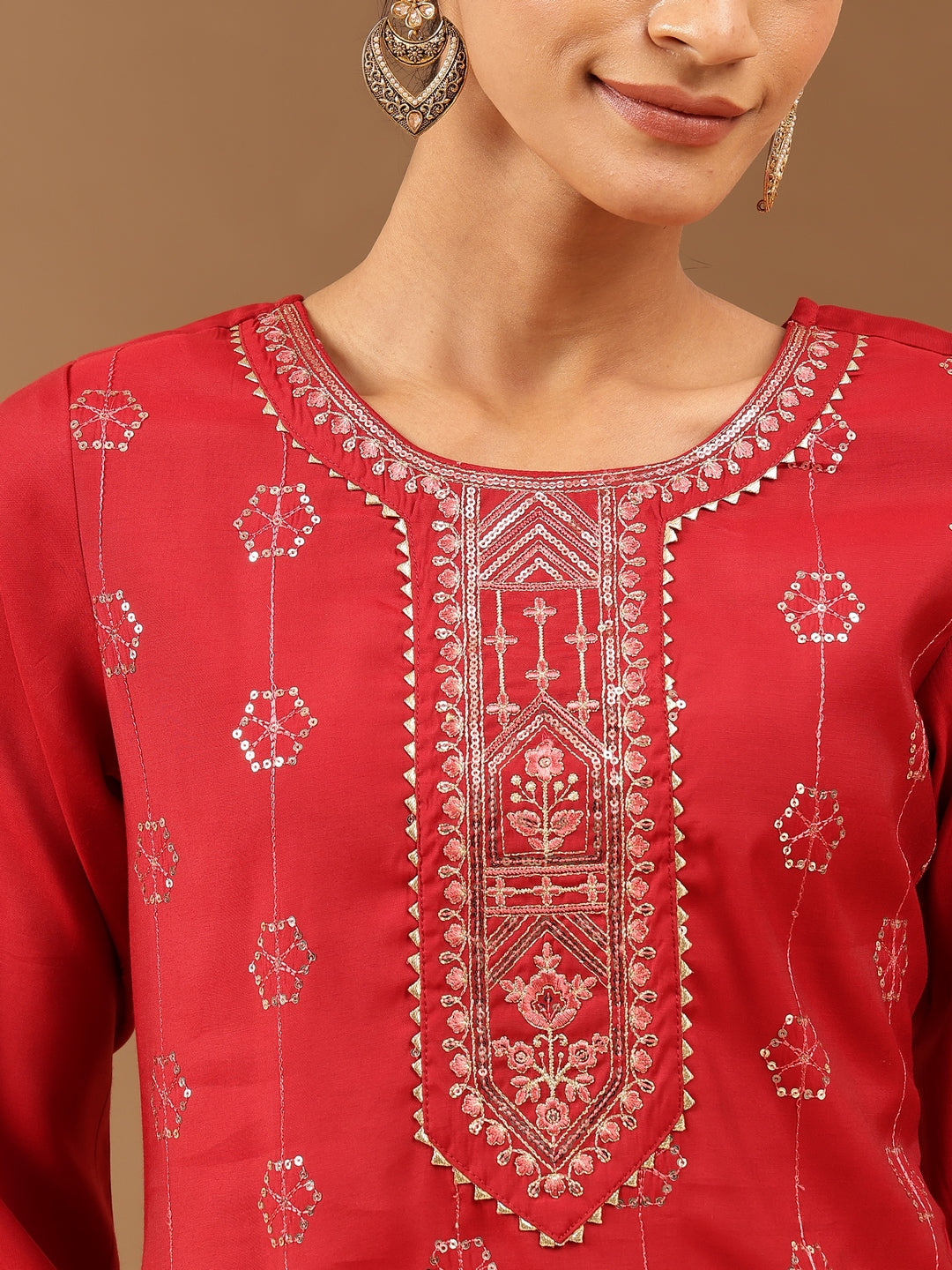 Women's Red Chanderi Silk Embellished Straight Kurta Pant Set