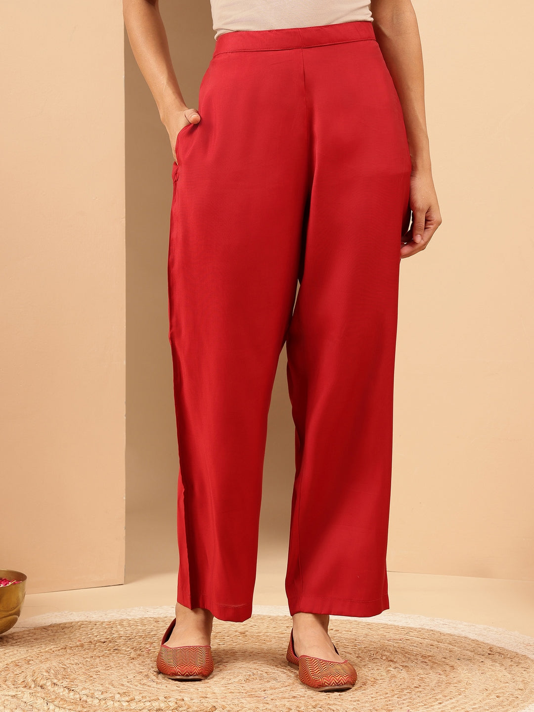 Women's Red Chanderi Silk Embellished Straight Kurta Pant Set