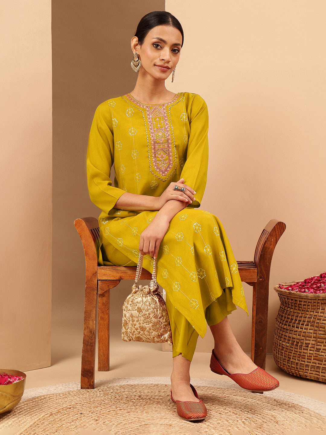 Women's Mustard Chanderi Silk Embellished Straight Kurta Pant Set