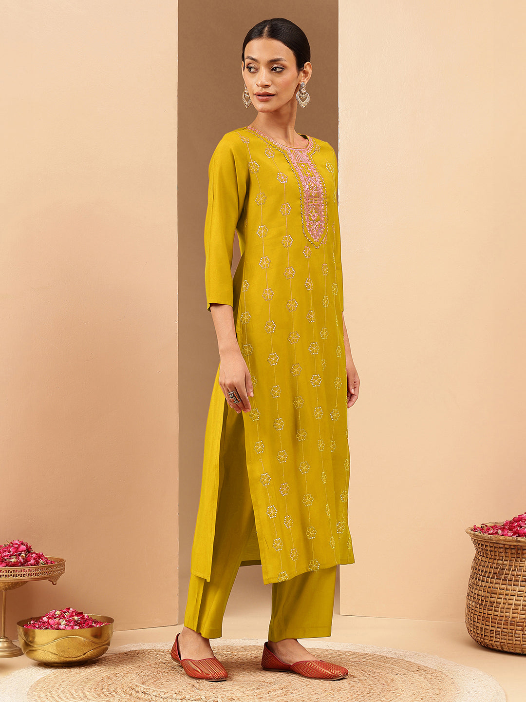 Women's Mustard Chanderi Silk Embellished Straight Kurta Pant Set