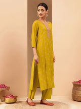 Women's Mustard Chanderi Silk Embellished Straight Kurta Pant Set