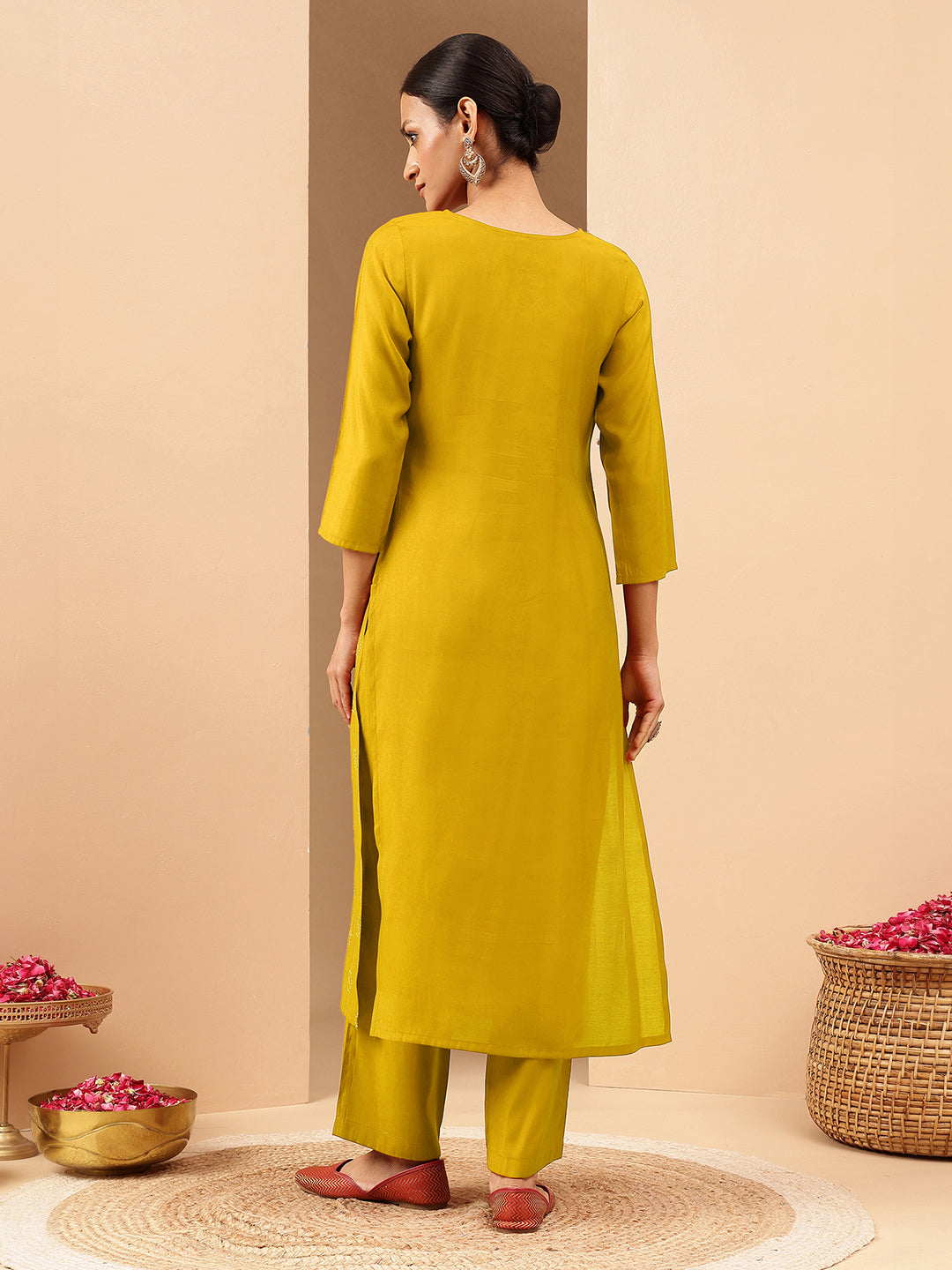 Women's Mustard Chanderi Silk Embellished Straight Kurta Pant Set